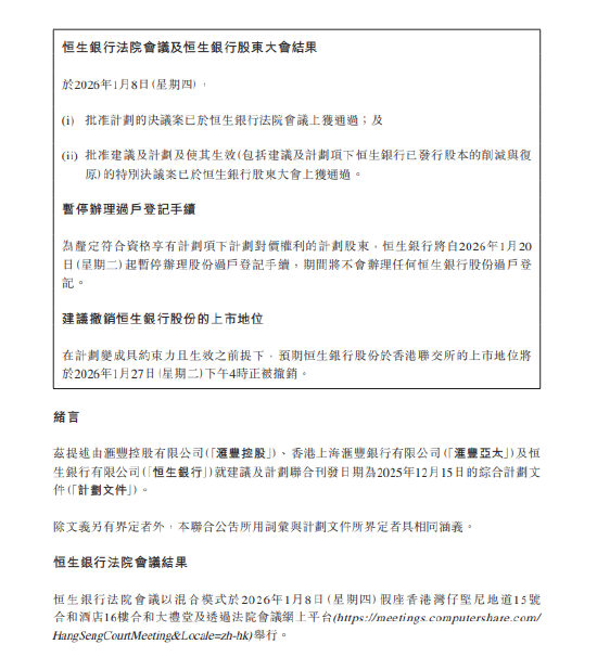 恒生银行私有化建议获通过 预期于1月27日撤销上市地位