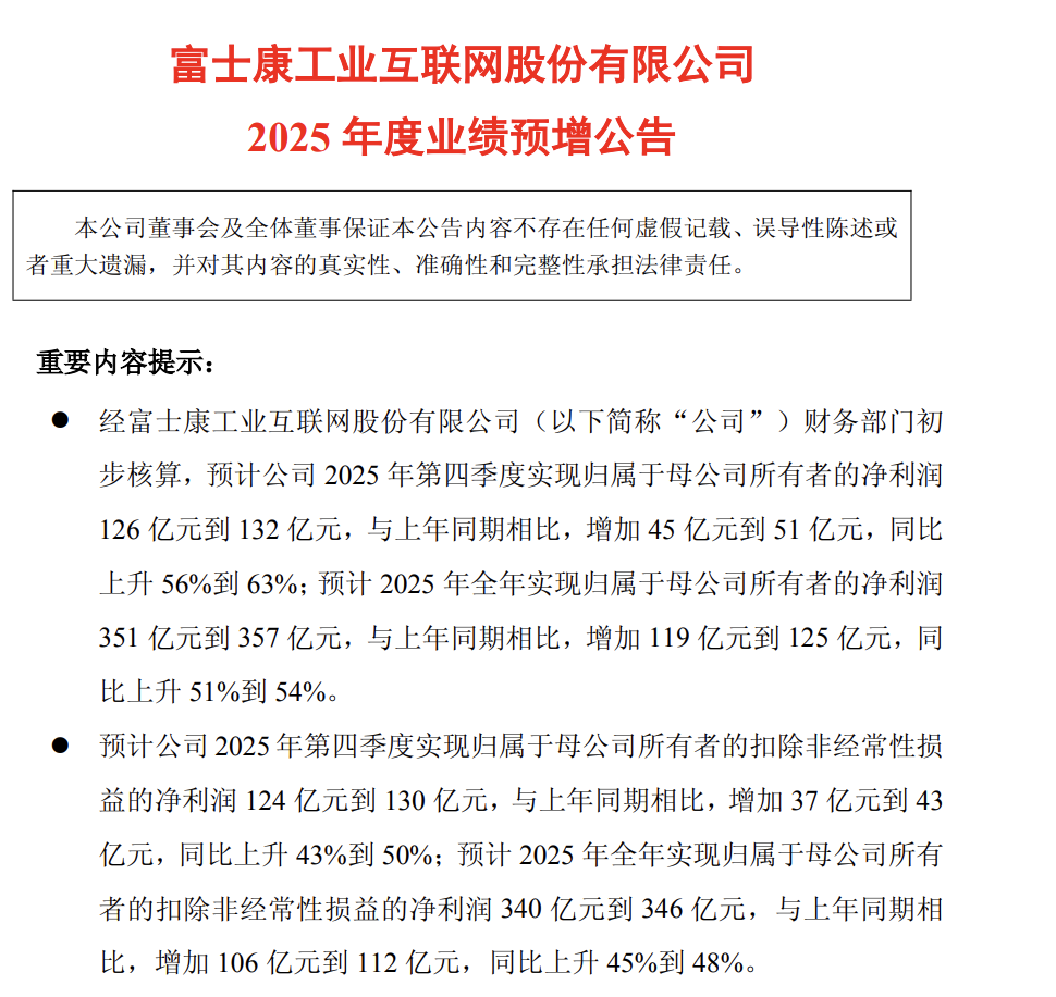AI与高速交换机驱动增长，工业富联2025年净利润预增351亿元到357亿元，同比增长51%到54%｜财报见闻
